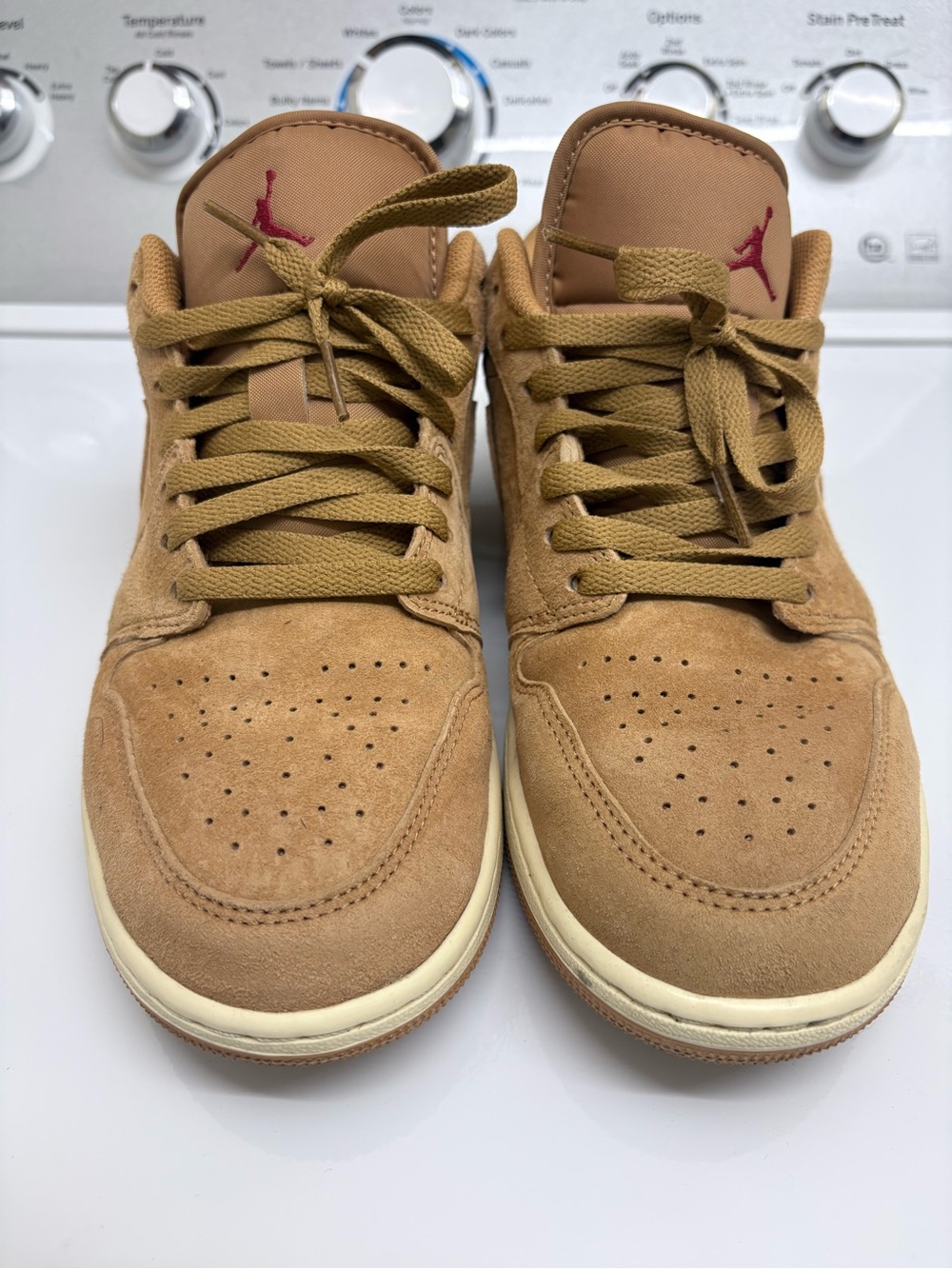 Nike Men’s Low-Top Suede Sneakers in Wheat with Red Jumpman